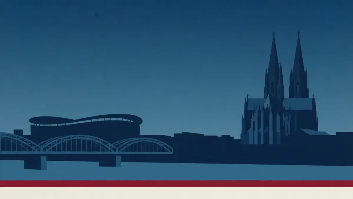 Illustrierte Domtürme über Rheinbrücke mit Stadionsilhouette, Vereinsseite 1. FC Köln