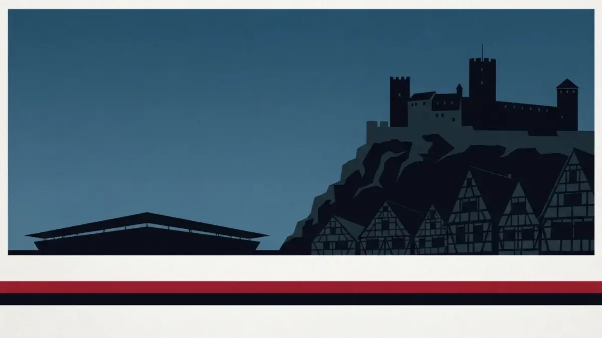 Illustrierte Burgsilhouette über Fachwerkdächern mit Stadion, Vereinsseite 1. FC Nürnberg