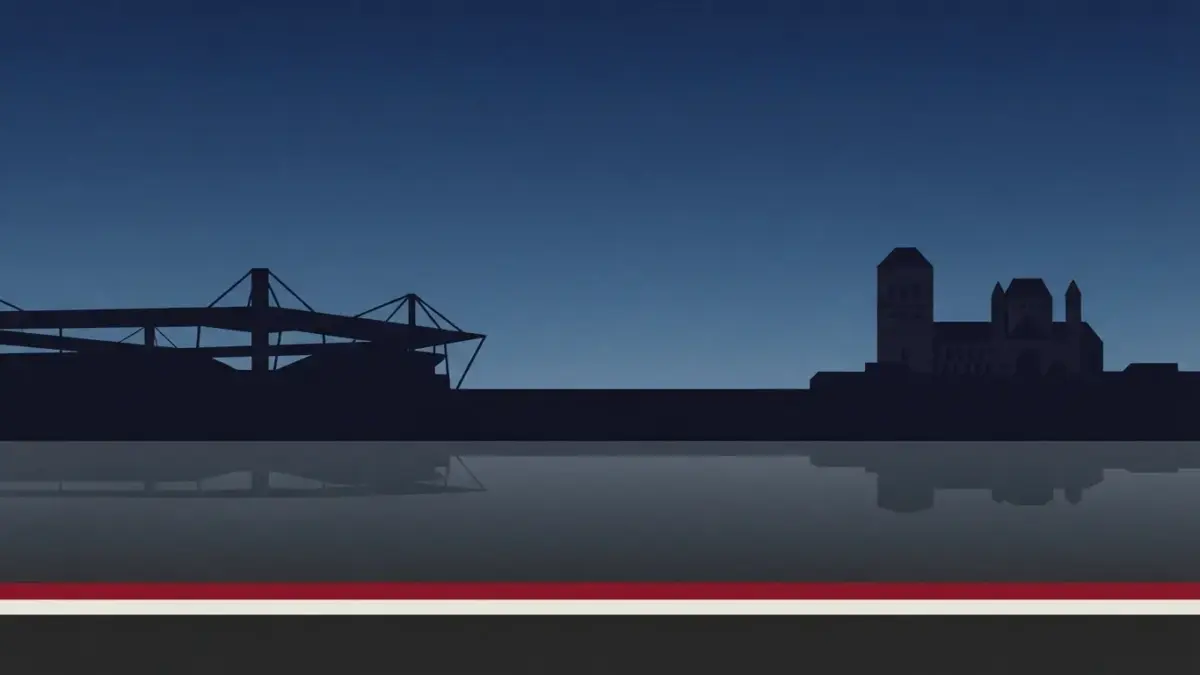Illustrierte Stadionsilhouette am Rheinufer vor Domsilhouette, Vereinsseite 1. FSV Mainz 05