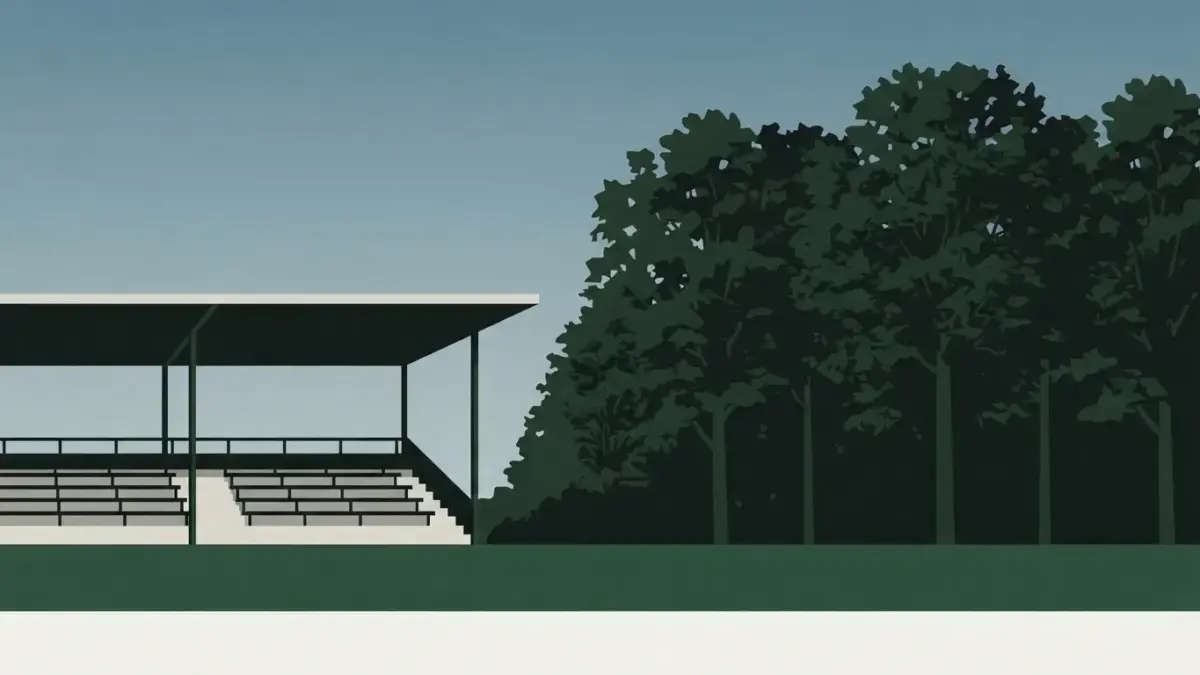 Illustrierte niedrige Tribüne am Auwaldrand, Alfred-Kunze-Sportpark in Leipzig