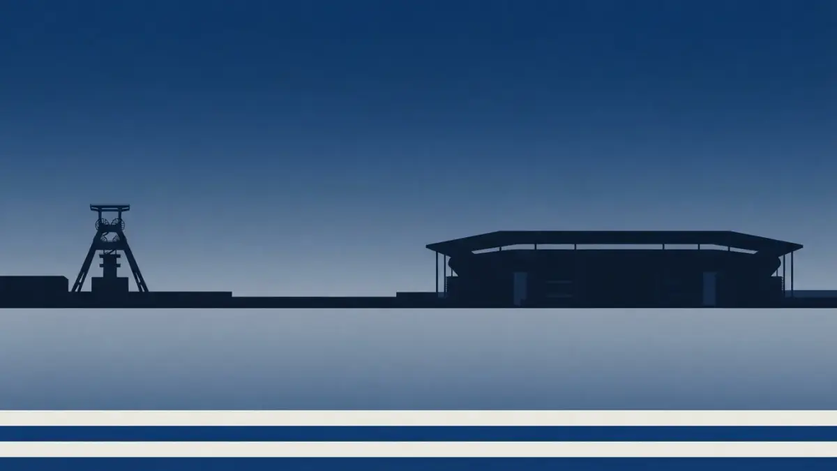 Illustrierte geschlossene Arena neben einem Fördergerüst im flachen Umland, Gelsenkirchen