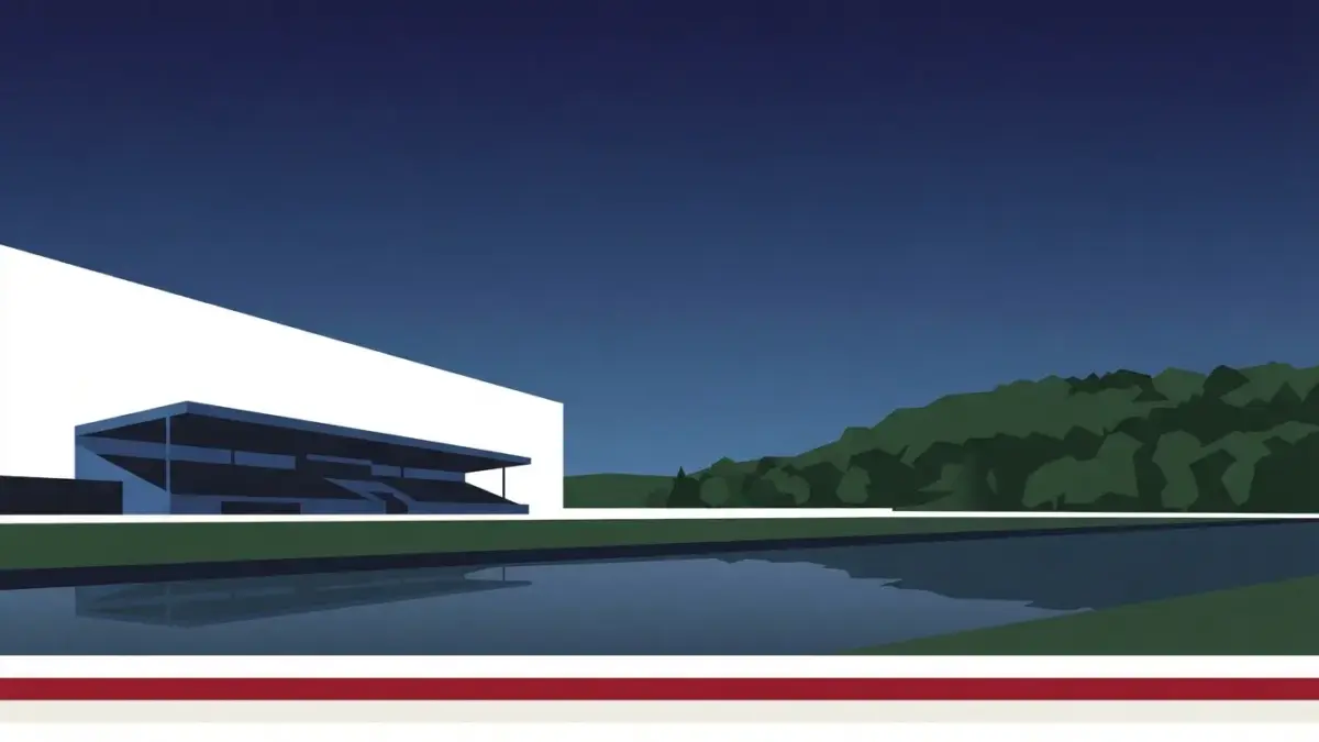 Illustrierte Tribüne an der Flussniederung, Auestadion in Kassel