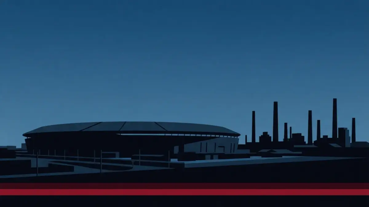 Illustrierte kompakte Stadionschale vor Werkskulisse, BayArena in Leverkusen