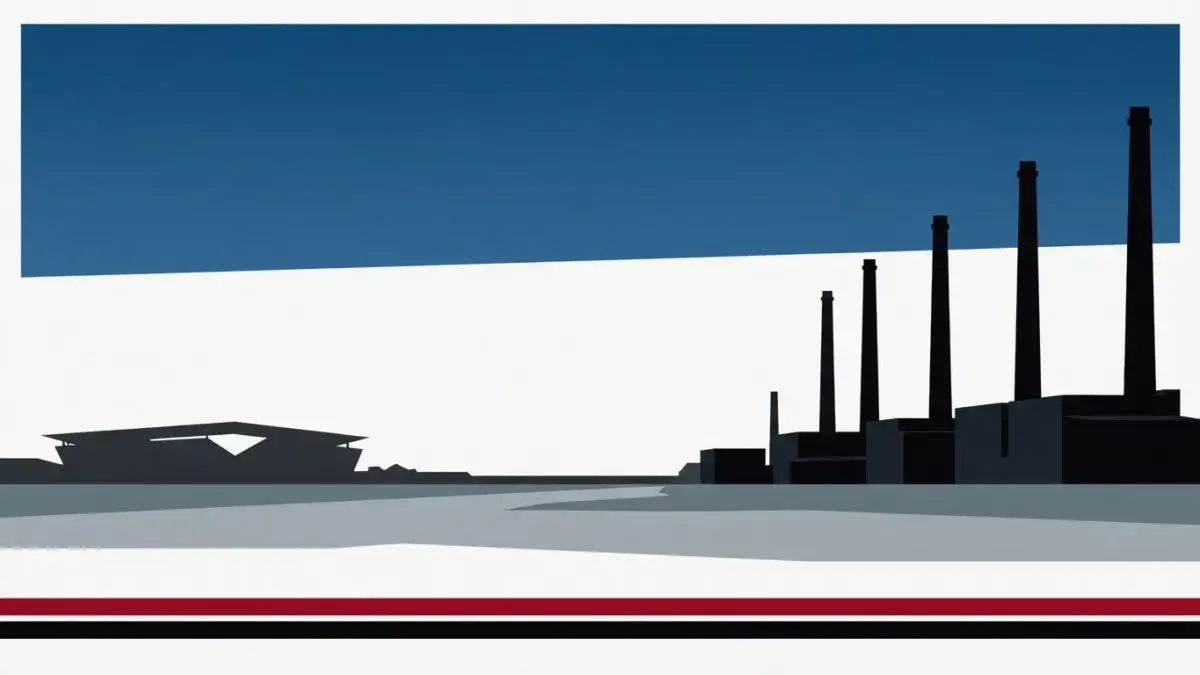 Illustrierte Werksanlage am Rheinufer mit Stadionsilhouette, Vereinsseite Bayer 04 Leverkusen