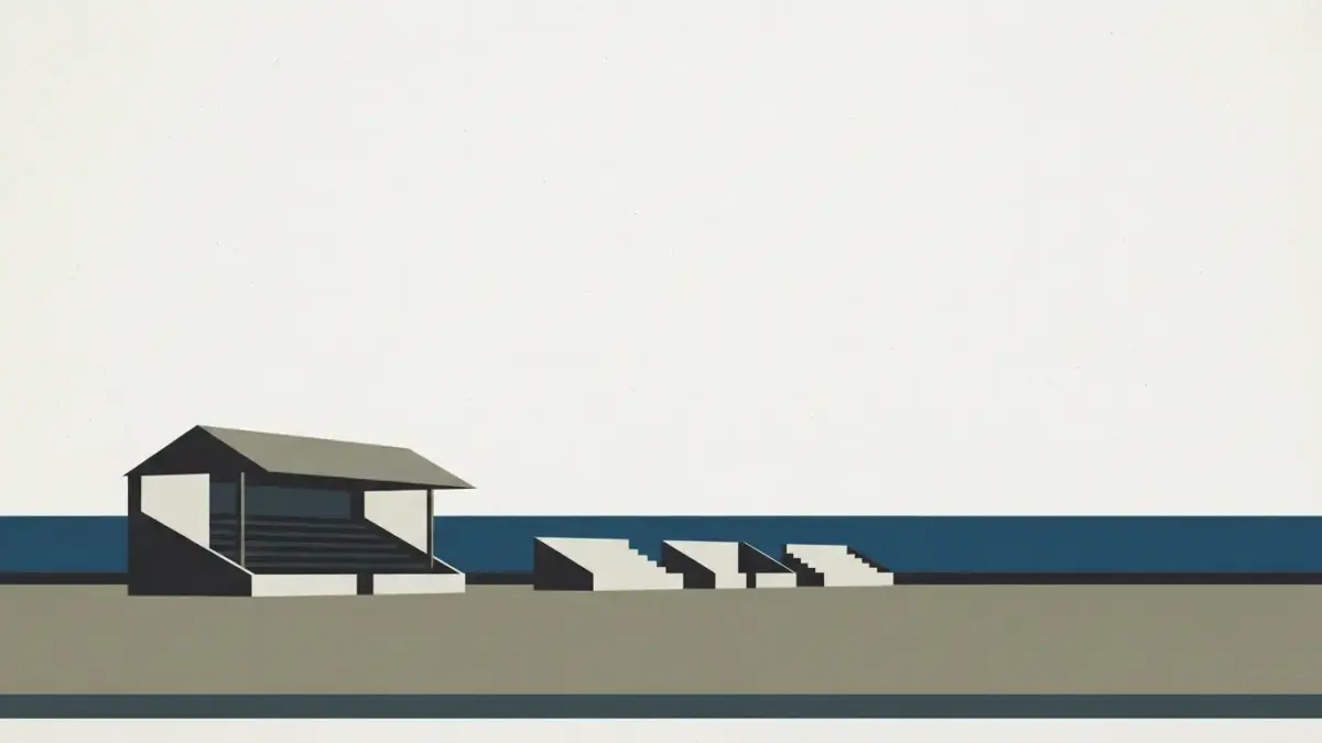 Illustriertes kleines Stadion mit vier Raengen in flacher Landschaft, Bluechip-Arena in Meuselwitz