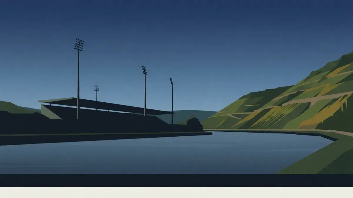 Illustrierte Tribüne mit Flutlichtmasten am Fluss vor Steilhängen, Moselstadion in Trier