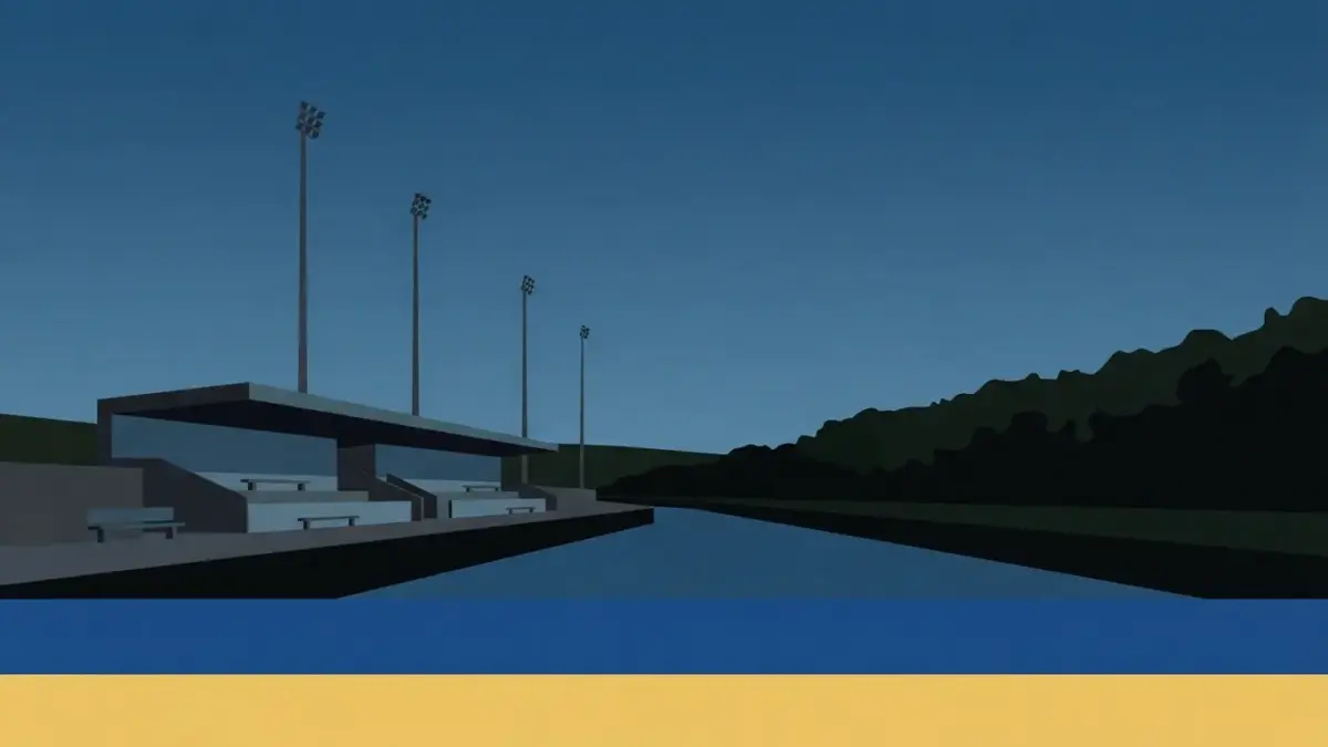 Illustrierte Stadionsilhouette mit vier Flutlichtmasten im Saaletal, Ernst-Abbe-Sportfeld