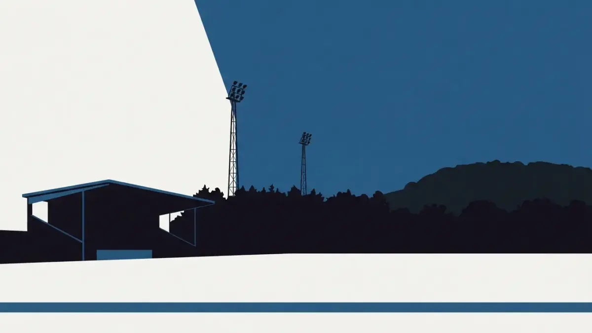 Illustrierte Tribüne mit Flutlichtmasten am Waldrand, Waldstadion in Homburg