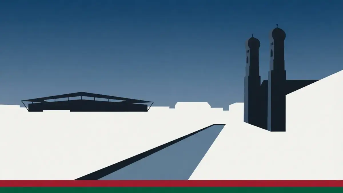 Illustrierte Renaissancetürme am Kanal mit Stadionsilhouette, Vereinsseite FC Augsburg