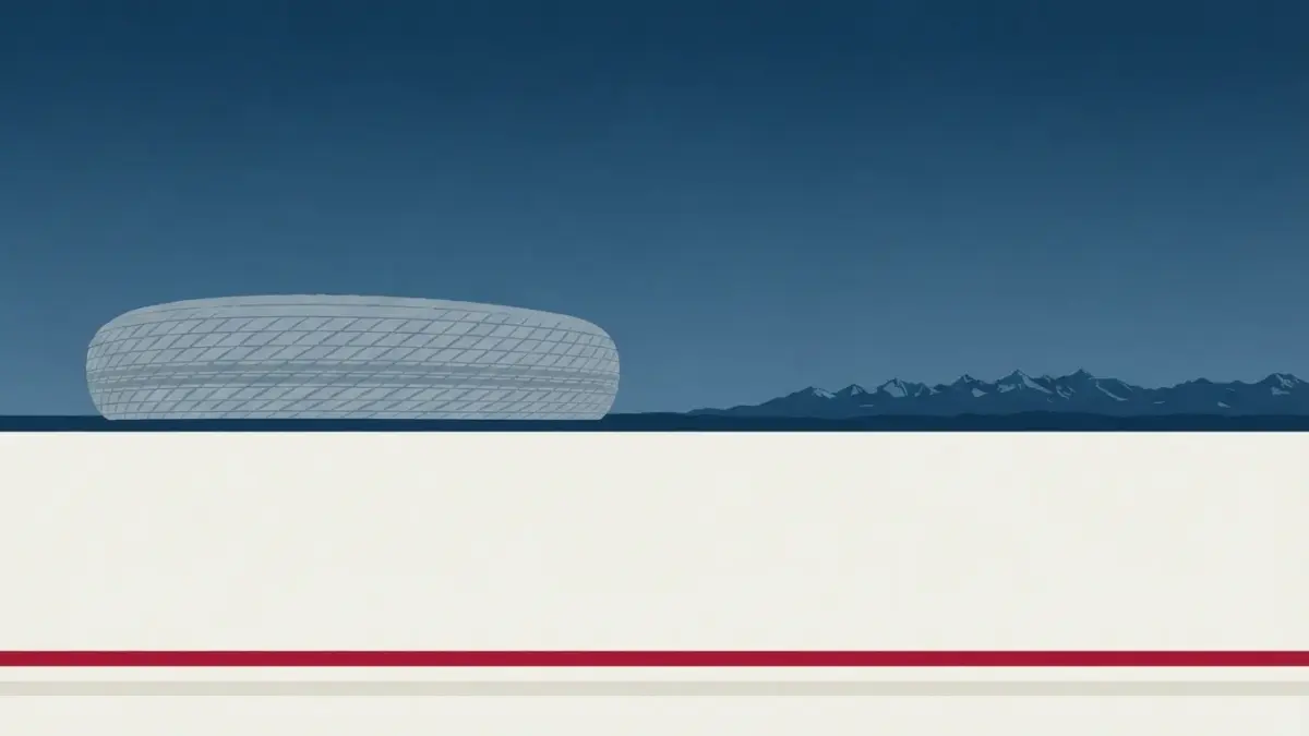 Illustrierte geschlossene Arena vor ferner Alpenkette, Vereinsseite FC Bayern München