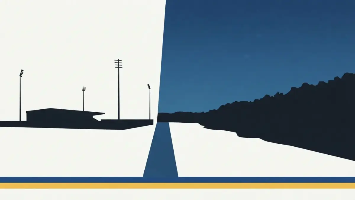 Illustrierte Stadionsilhouette mit vier Flutlichtmasten im Saaletal, Ernst-Abbe-Sportfeld in Jena