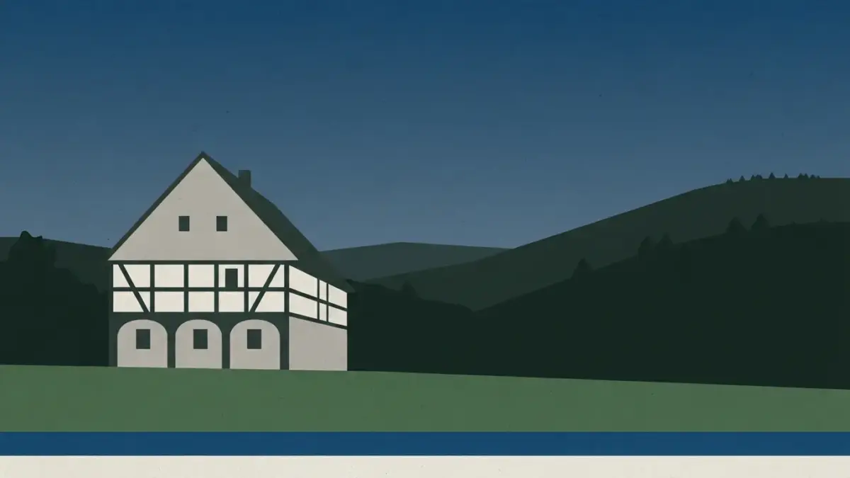 Illustriertes Umgebindehaus vor Oberlausitzer Hügeln, Vereinsseite FC Oberlausitz Neugersdorf in Vereinsfarben