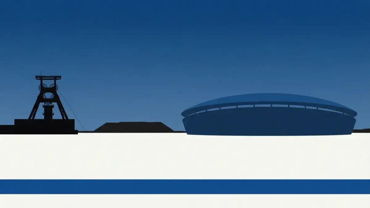 Illustrierte Arena neben einem Fördergerüst und einer Halde, Gelsenkirchen