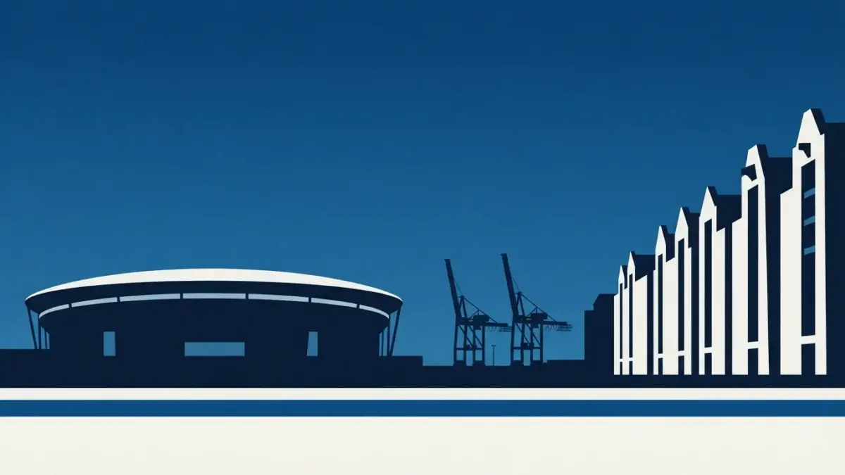 Illustrierter runder Stadionrang vor Hafenkränen und Speichergiebeln, Volksparkstadion in Hamburg