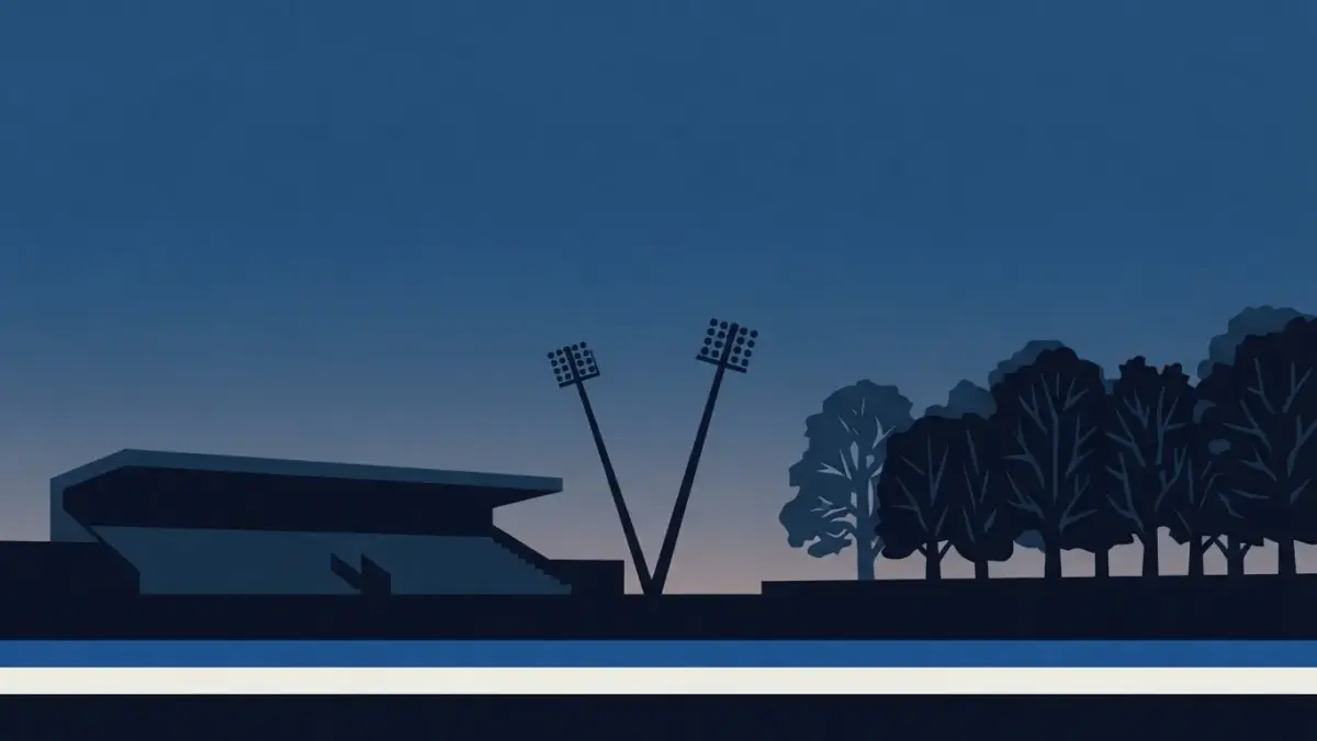 Illustrierte Tribüne mit geneigten Flutlichtmasten am Park, Karl-Liebknecht-Stadion in Potsdam