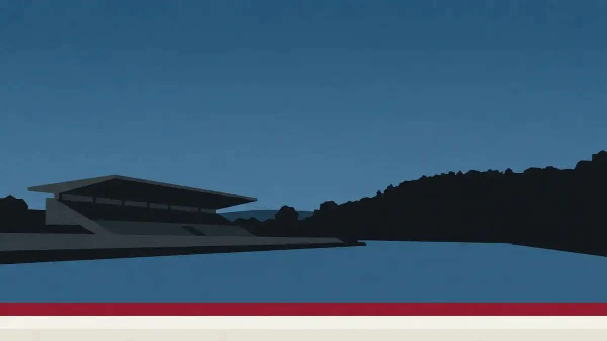 Illustrierte Tribüne an der Flussniederung vor bewaldeter Höhe, Auestadion in Kassel