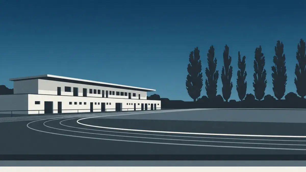 Illustrierte flache Tribüne der Zwanzigerjahre mit Pappelreihe, Poststadion in Berlin