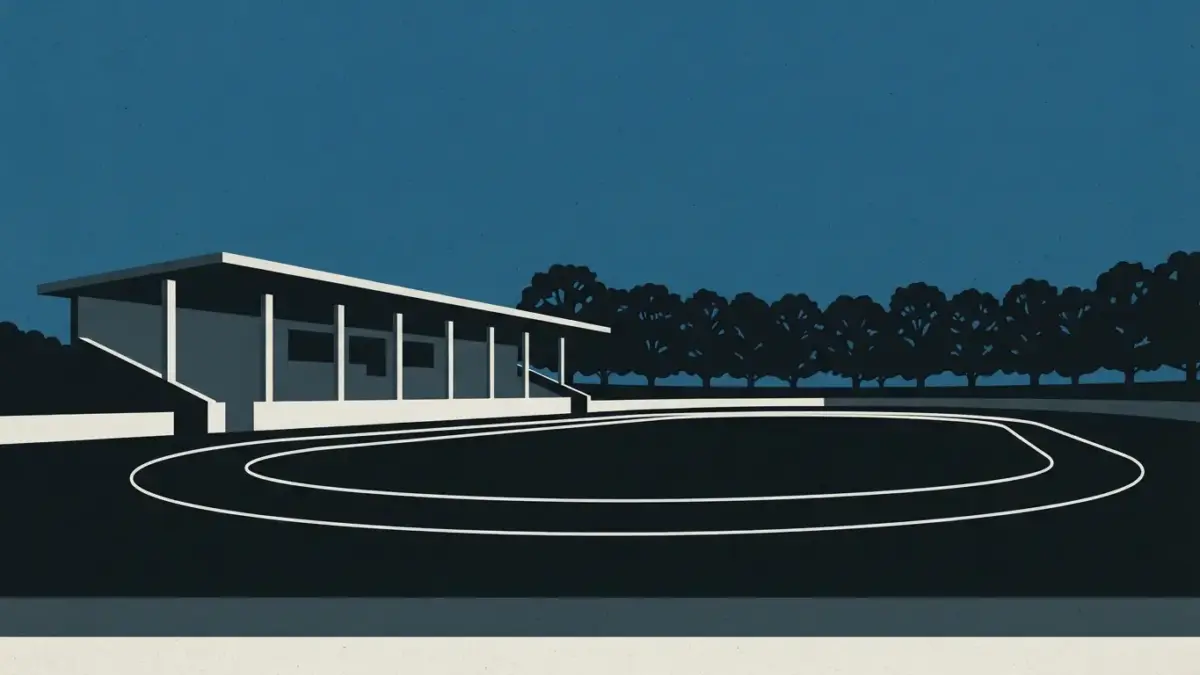 Illustriertes Laufbahnstadion mit niedriger Tribüne, Rosenaustadion in Augsburg