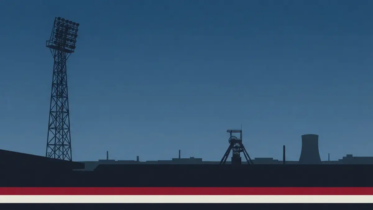 Flutlichtmast und Zechensilhouette im Ruhrgebiet ueber roten und weissen Baendern, Illustration zu Rot-Weiss Essen
