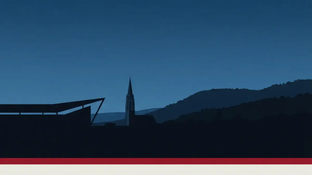 Illustrierte Stadionsilhouette vor Schwarzwaldkante mit Münsterturm, Vereinsseite SC Freiburg