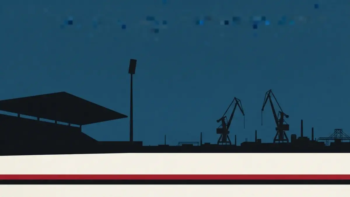 Illustrierte Tribuenensilhouette mit Flutlichtmast vor Hafenkraenen, Stadion an der Hafenstrasse