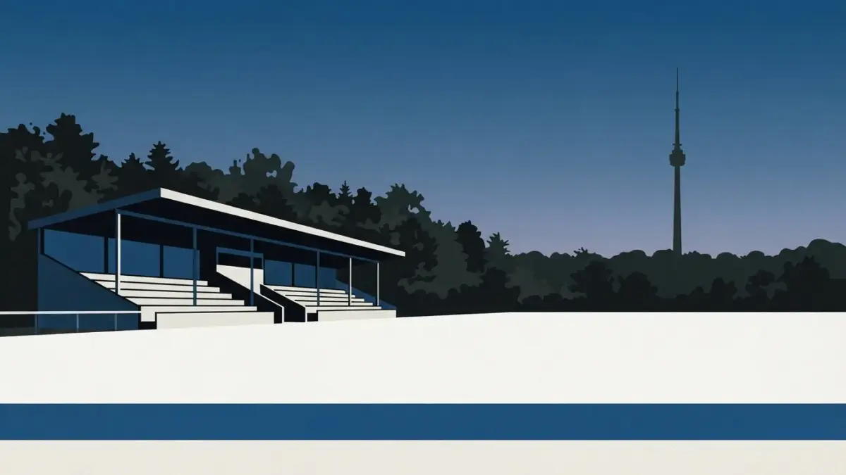Illustrierte Tribüne am Waldrand mit Turmsilhouette, Stadion auf der Waldau