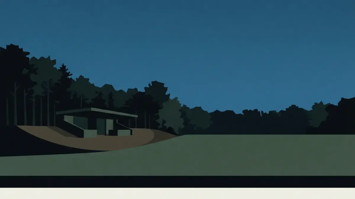Illustrierte Tribüne in einer Waldlichtung mit Erdwall, Stadion im Rohrwang in Aalen