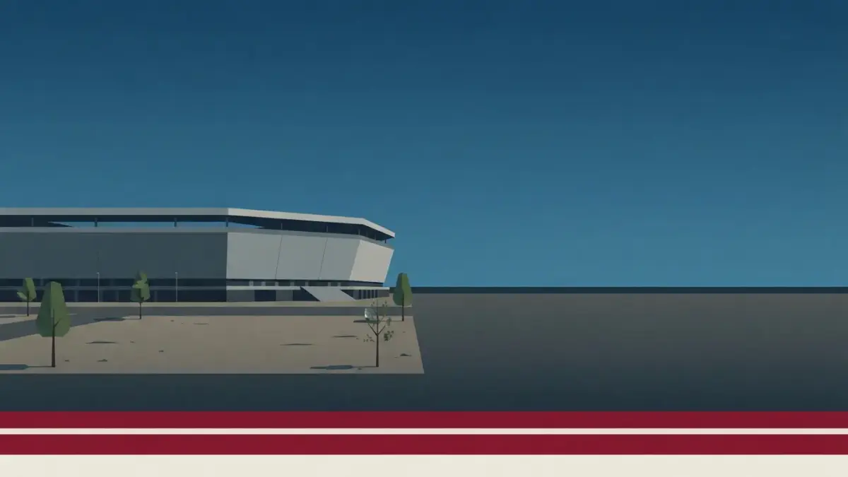 Illustrierter geschlossener Stadionneubau auf freier Flaeche, GGZ-Arena in Zwickau