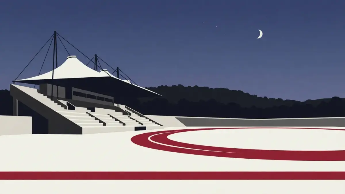 Illustrierte Tribüne mit Zeltdach vor Waldkante, Steigerwaldstadion in Erfurt
