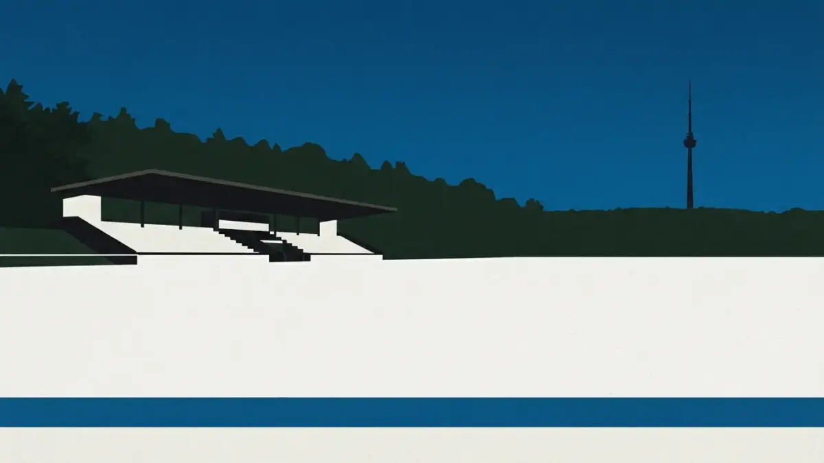 Illustrierte Tribüne am Waldrand mit Turmsilhouette, Stadion auf der Waldau in Stuttgart