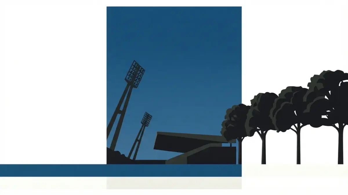 Illustrierte geneigte Flutlichtmasten am Park, Vereinsseite SV Babelsberg 03