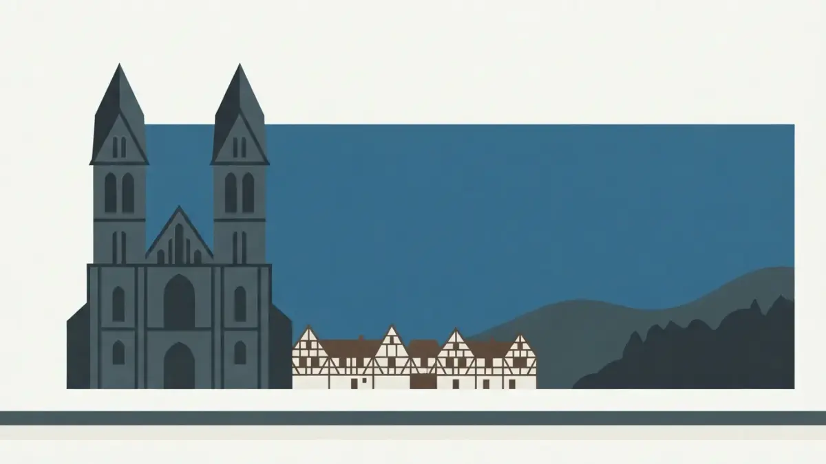 Illustrierte Doppelturmfassade vor Harzvorland, Vereinsseite VfB Germania Halberstadt