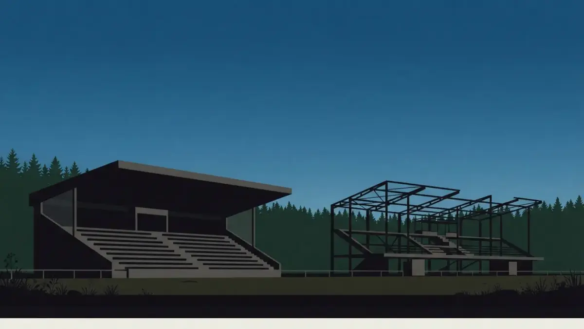Illustrierte fertige und im Bau befindliche Tribüne im Wald, Waldstadion Kaiserlinde