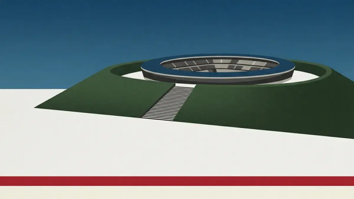 Illustrierter hoher Erdwall mit Treppenaufgang und eingesetzter Schale, Zentralstadion Leipzig