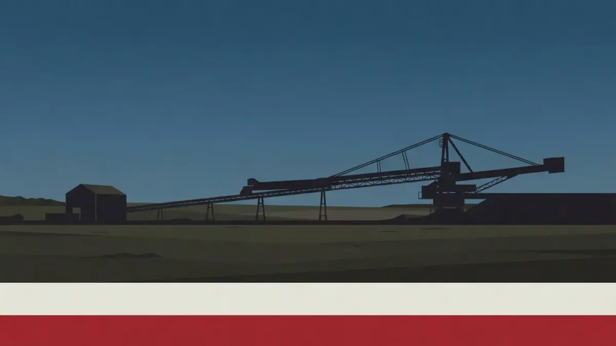 Illustrierte Förderbrücke über flacher Landschaft, Vereinsseite ZFC Meuselwitz in Vereinsfarben